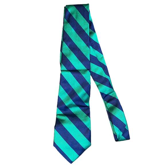 J. Crew Tie 100% English Silk Striped Blue and Green Preppy Casual Teacher Dad - Picture 4 of 4